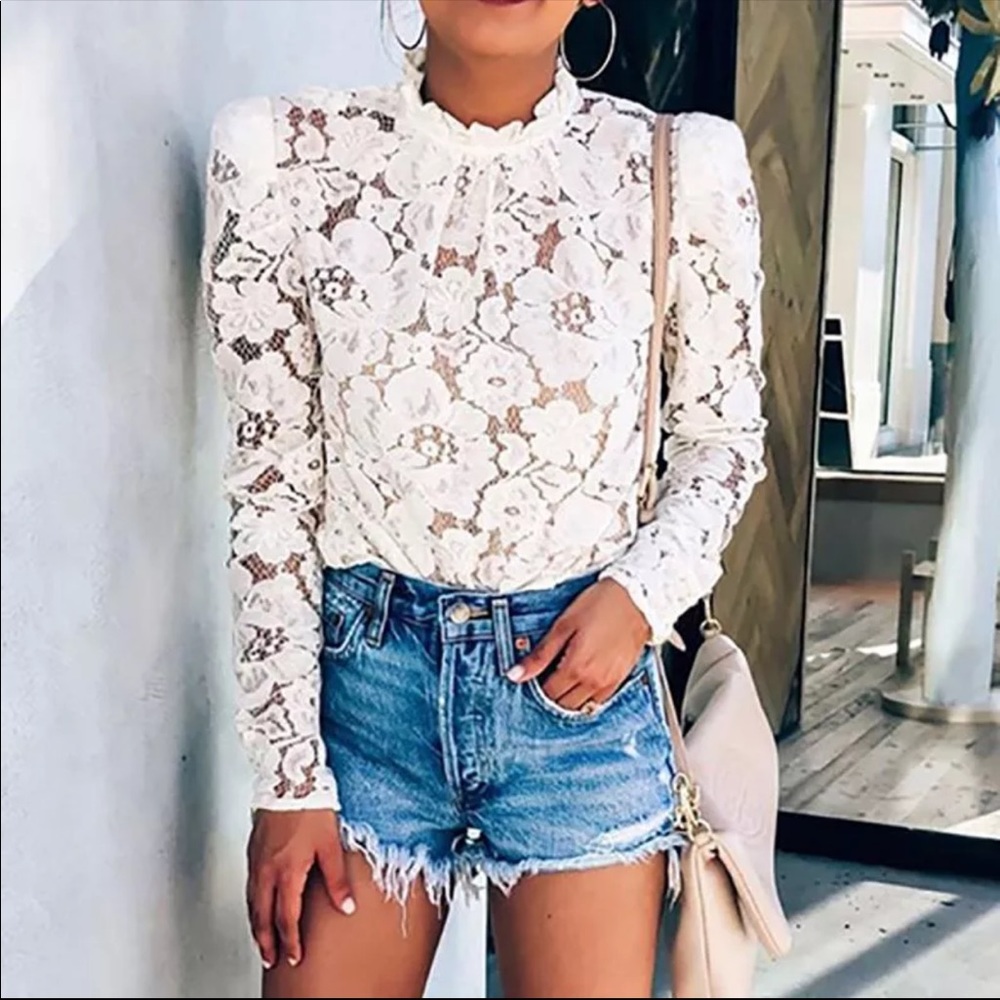 New!  Dreamy White Lace Mock Neck Puff Sleeve Top - Picture 4 of 8